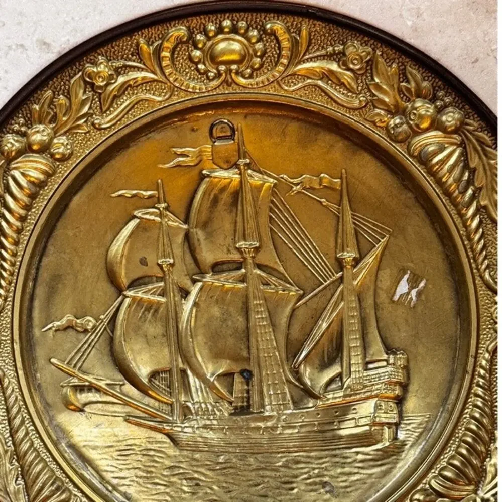 Vintage Brass Wall Plate Embossed Sailing Ship Galleon Charger 14.5